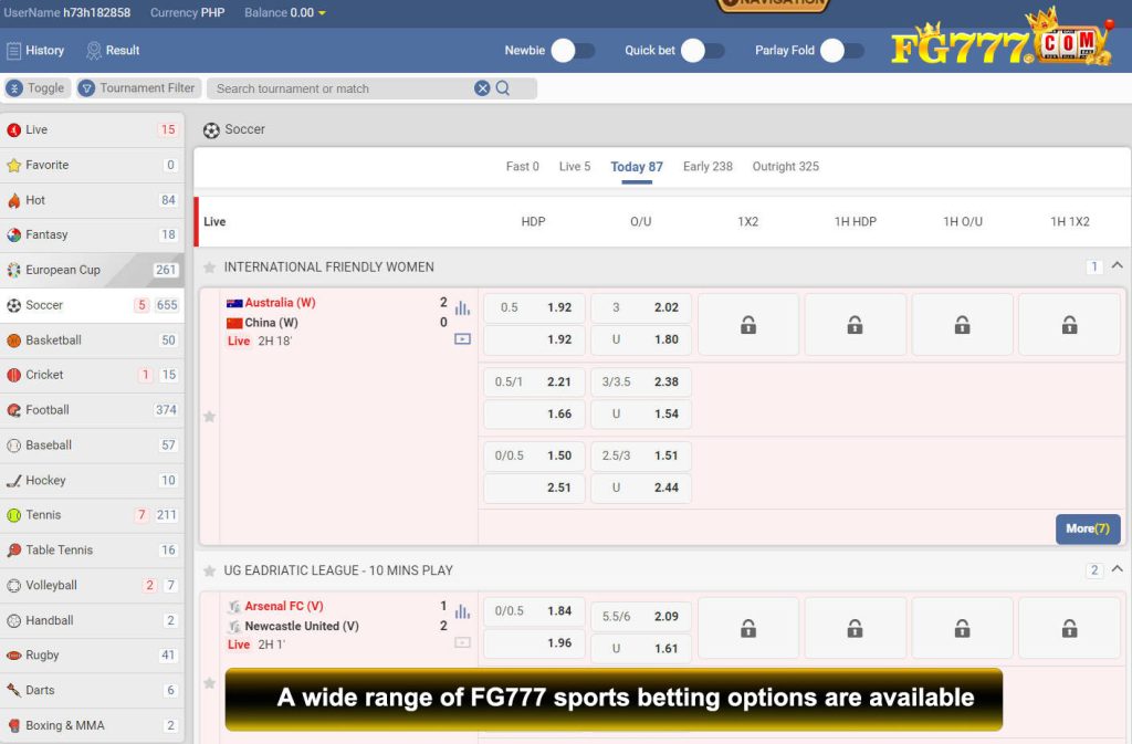 A wide range of FG777 sports betting options are available